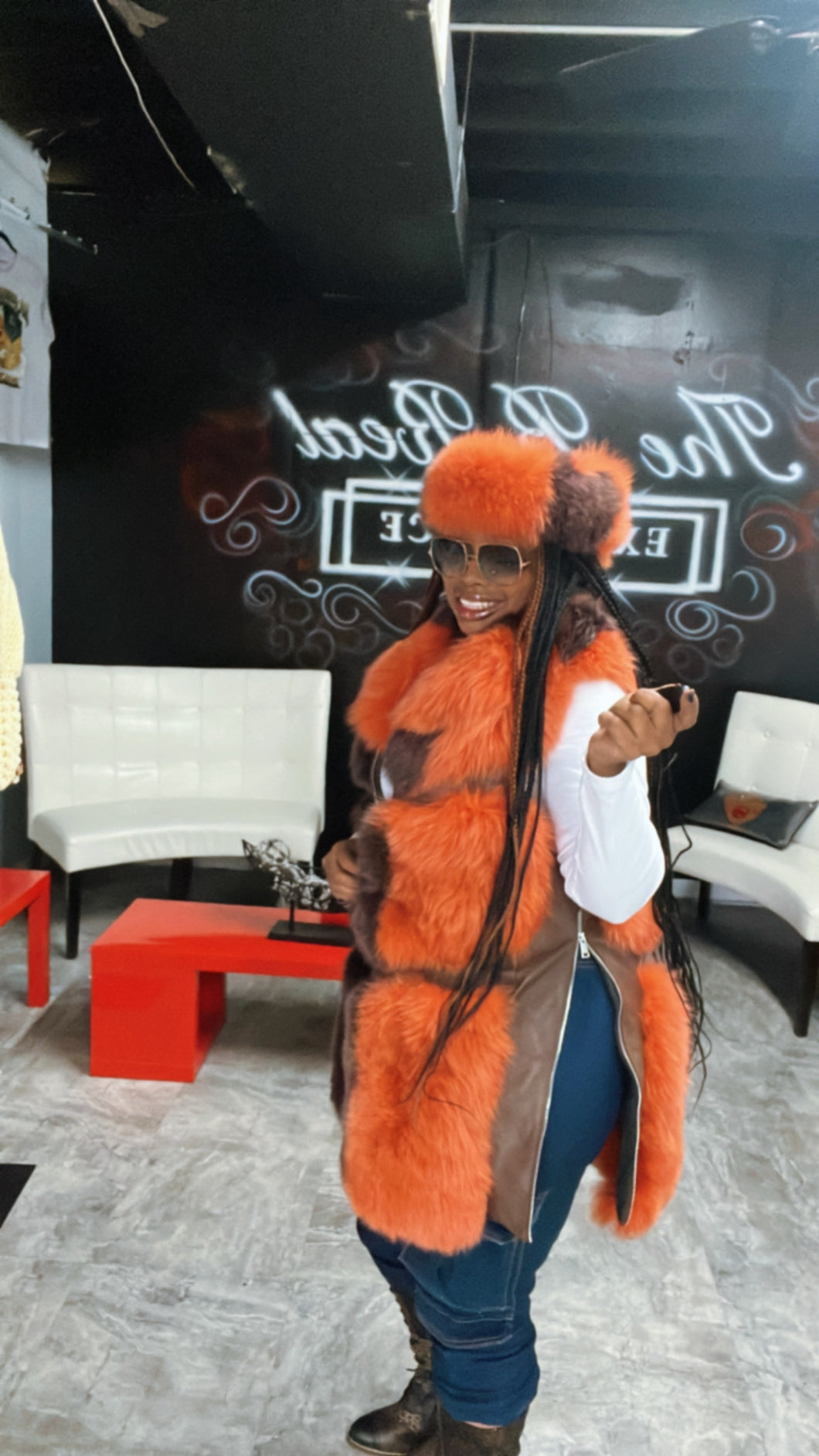 Custom Fox Fur Zip vest and Headwrap